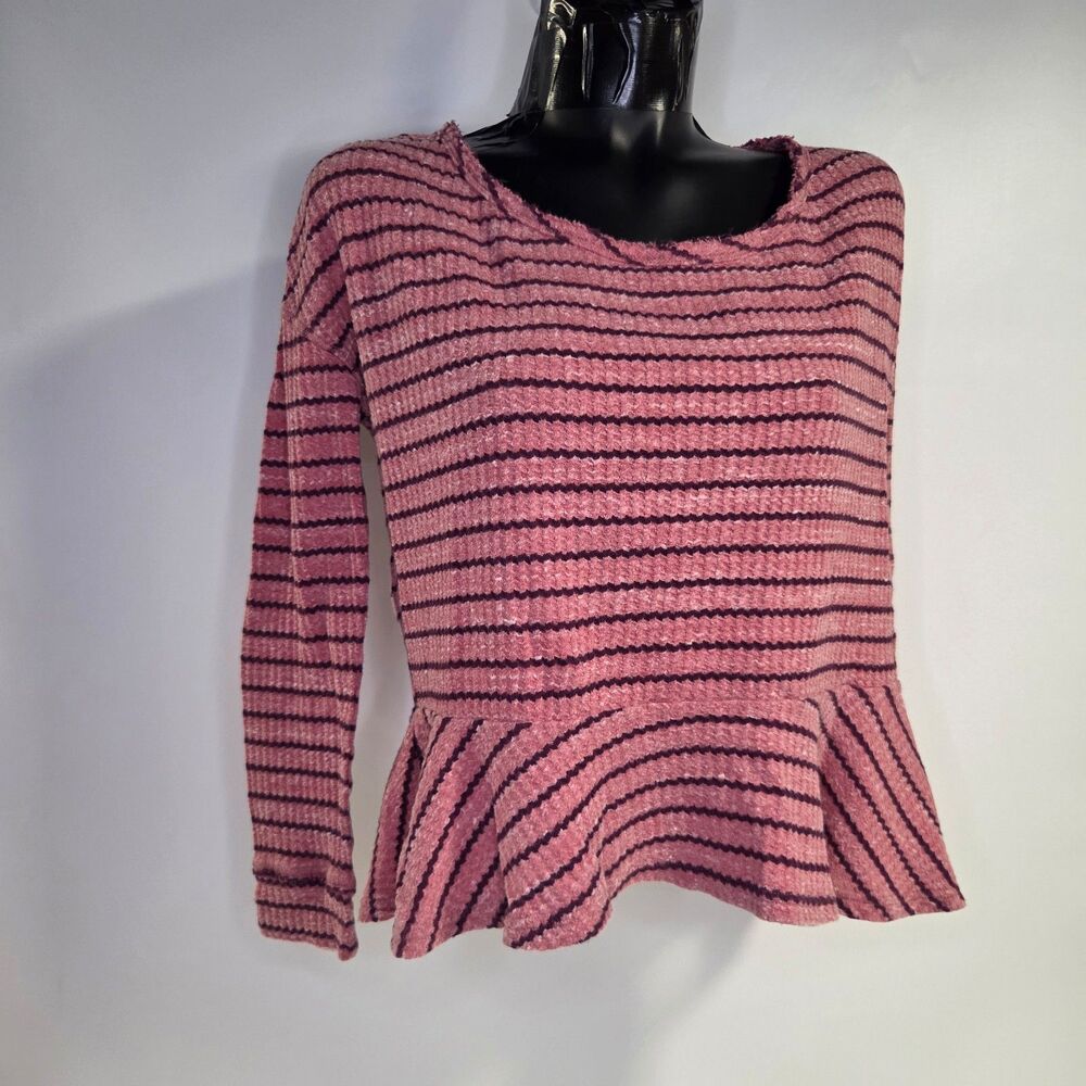 Free People We The Free Pink Black Striped Thermal Waffle Knit Peplum Top Medium